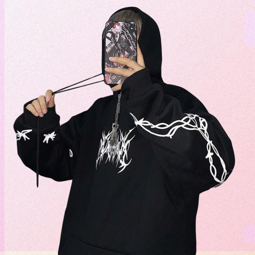 Black Goth Aesthetic Barbed Wire Print Hoodie