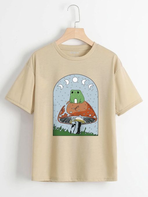 Mushroom And Frog Print Drop Shoulder Tee